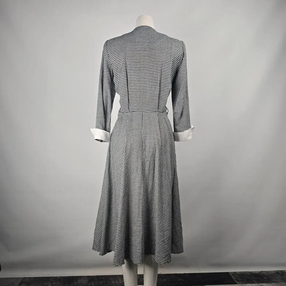 Vintage Algo Ettes Black Hounds Tooth Long Sleeve Button Up Midi Dress Size S/M - Picture 8 of 12